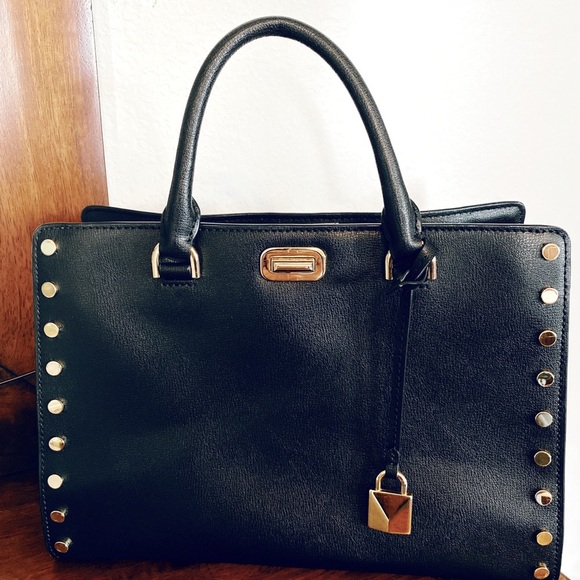 Michael Kors Sylvie Gold Stud Large Satchel Black Leather Bag Turnlock Tote - Picture 1 of 13